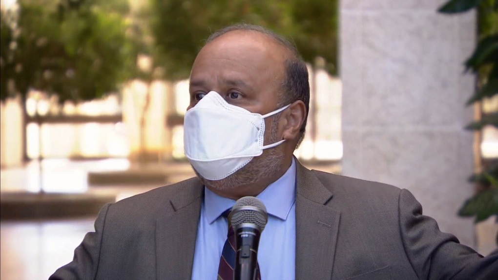 Screen grab from Saskatchewan Chief Medical Health Officer Dr. Saqib Shahab's video talking to reporters in a media scrum on Thursday last week.